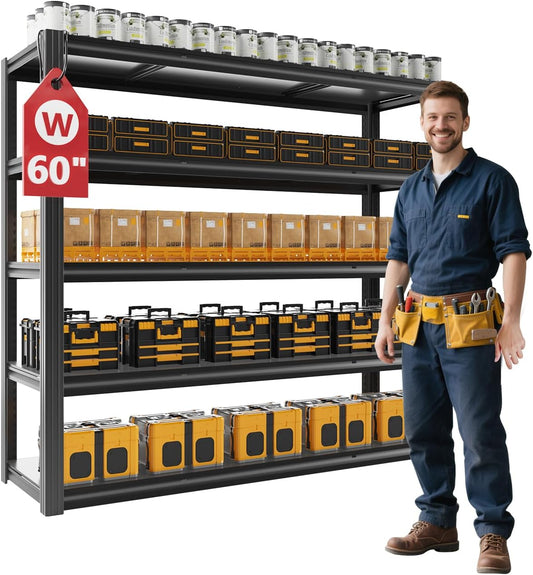 60" W Garage Shelving Heavy Duty,5 Tier Storage Shelves,3030LBS Adjustable Shelf Unit, Metal Garage Shelving for Warehouse Industrial Basement, 72" H × 60" W × 24" D, Black