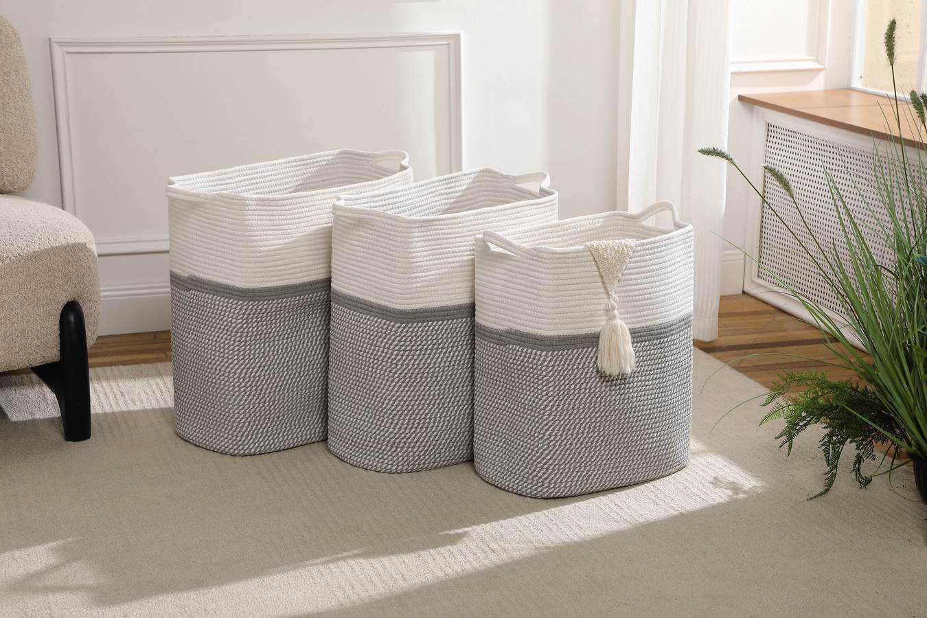 Tall Laundry Basket With Handles,Woven Cotton Rope Big Laundry Hamper Sorters,Versatile Storage for Dirty Clothes,Baby Toys,and Blankets in Bathroom, Nursery,and Living Room (White/Gray, 80L)