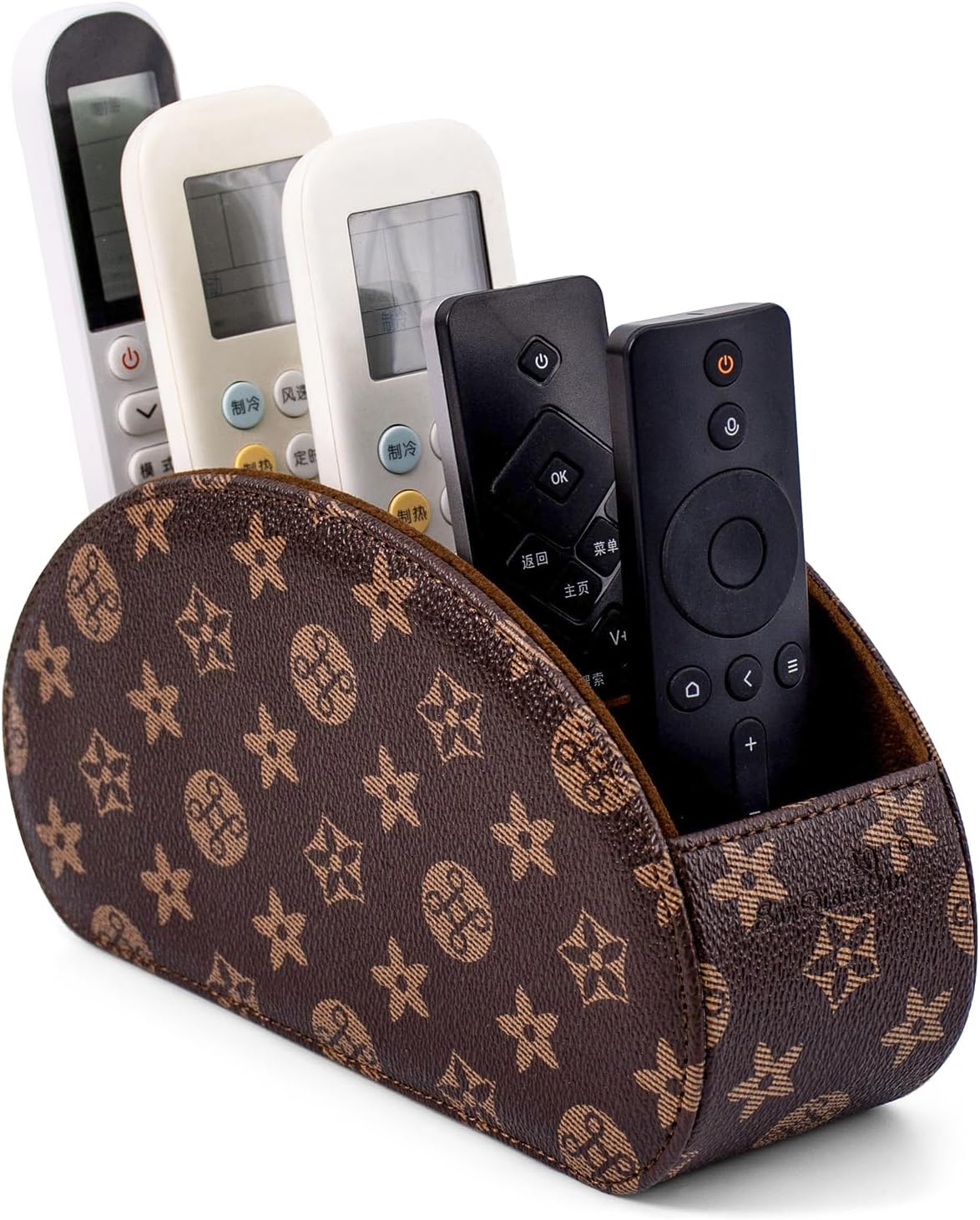 Remote Control Holders Organizer Box with 5 Compartment PU Leather Multi-functional Office Desk Storage Caddy Store Tv Remote for Media Player,Brush,Pencil,Glassees&Office Supplies (Brown+KhakiF)