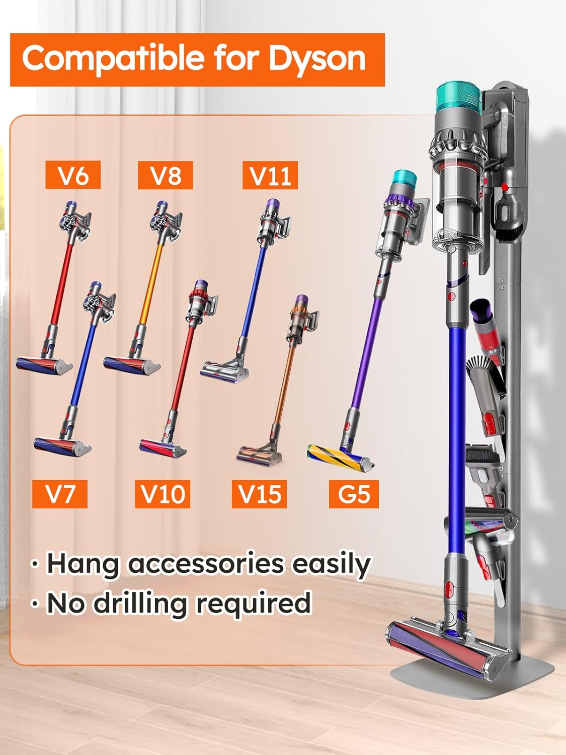 Vacuum Stand Compatible with Dyson Gen5 V15 V12 V11 V10 V8 V7 V6, Heavy Base Metal Vacuums Attachment Holder with 4 Hooks, Hidden Cord Management & Storage Bracket for Dyson Cordless Vacuums