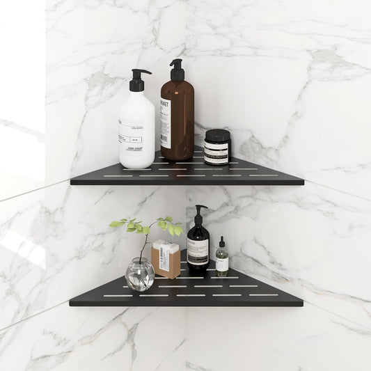 FerdY 2-Pack 10" Matte Black Recessed Corner Shower Shelf, for Tiled Bathroom Walls, 304 Stainless Steel Floating Shower Shelf, Shower Caddy Storage Shelves, No Drilling Required, Striped Triangle