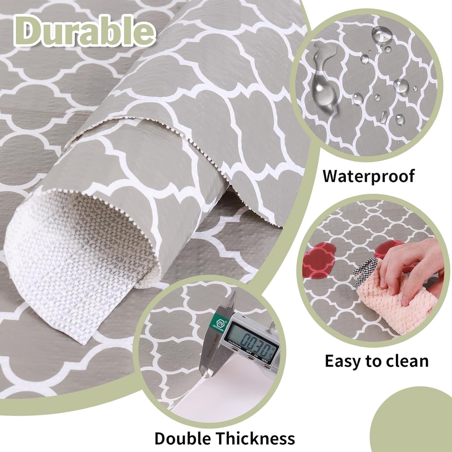 Drawer and Shelf Liner for Kitchen Cabinet: 23.6 in X 30 Ft Non Slip Waterproof Shelf Paper Non Adhesive Refrigerator Liners Gray Quatrefoil Easy Liners for Bathroom Cupboard with Knife Tape Measure