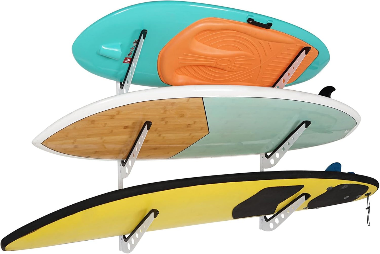 3 Board Surf Rack Wall Mount for Surfboard, Wakeboard, Snowboard Storage Adjustable Wall Hangers Boards Display