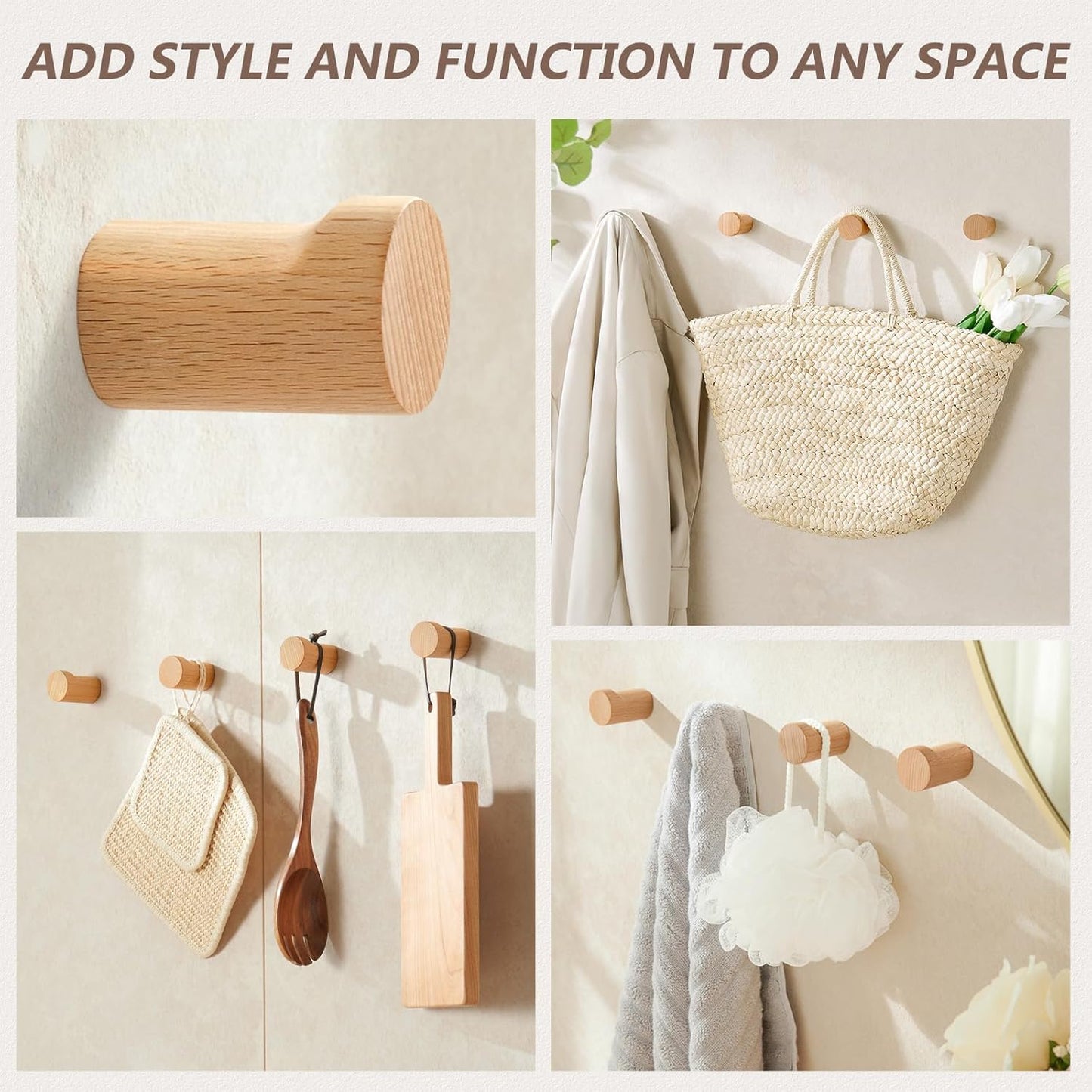 Wooden Wall Hooks 4 Pack, Modern Decorative Coat Hook Wall-Mount, Handmade Rustic Hat Hooks, Entryway Wall Hangers for Hanging Coats Hats Backpack, Bathroom Wood Towel Rack (Natural)