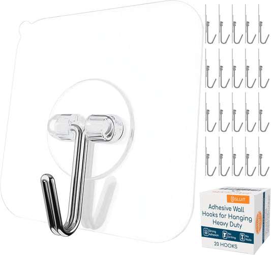 GLUIT Adhesive Wall Hooks for Hanging Heavy Duty 22 lbs Hooks for Walls No Damage, Towel Sticky Clear Hooks, Waterproof, Home, Bathroom, Kitchen, Office, and Outdoor 20 Pack