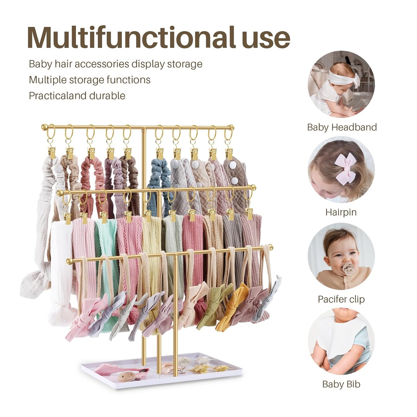 POVETIRE Headband Holder Stand Storage for Baby, 3 Tier Wooden Bow Organizer for Girls Hair Bows, Infant Hair Accessories Rack Display for Nursery Decor