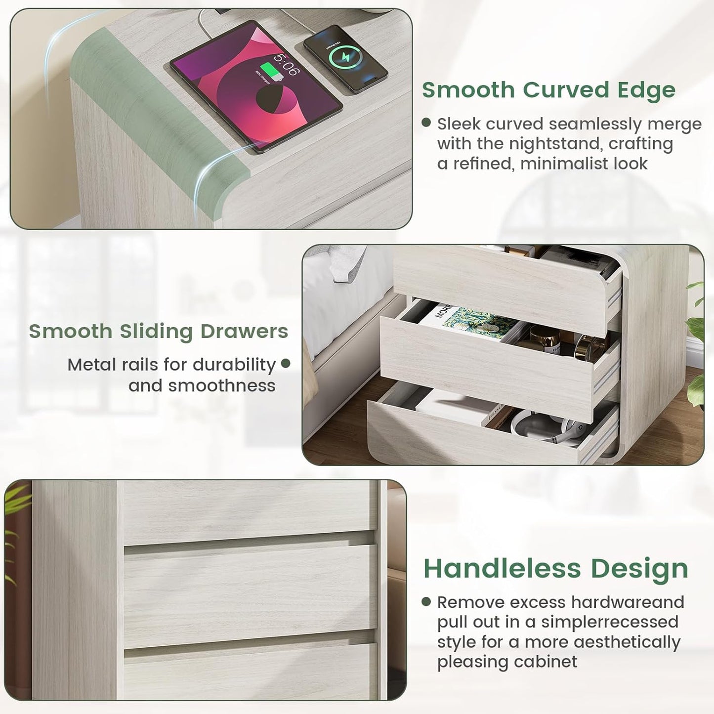 White Nightstand Set of 2 with Charging Station, 23.2" Wide Wood Bedside Table, Modern Dresser End Table with 3 Storage Drawers, Curved Profile, Mid Century Night Stand for Bedroom Dorm