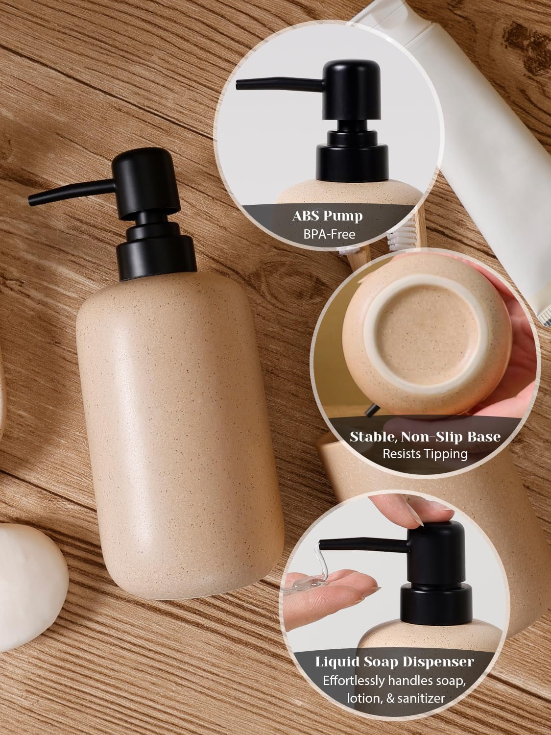 INGOFIN 3 Pcs Ceramic Bathroom Accessory Set - Liquid Soap Dispenser, Toothbrush Holder & Tray, Bathroom Counter Set, Countertop Essentials for Home, Guest Bathroom, or Office Use, Beige