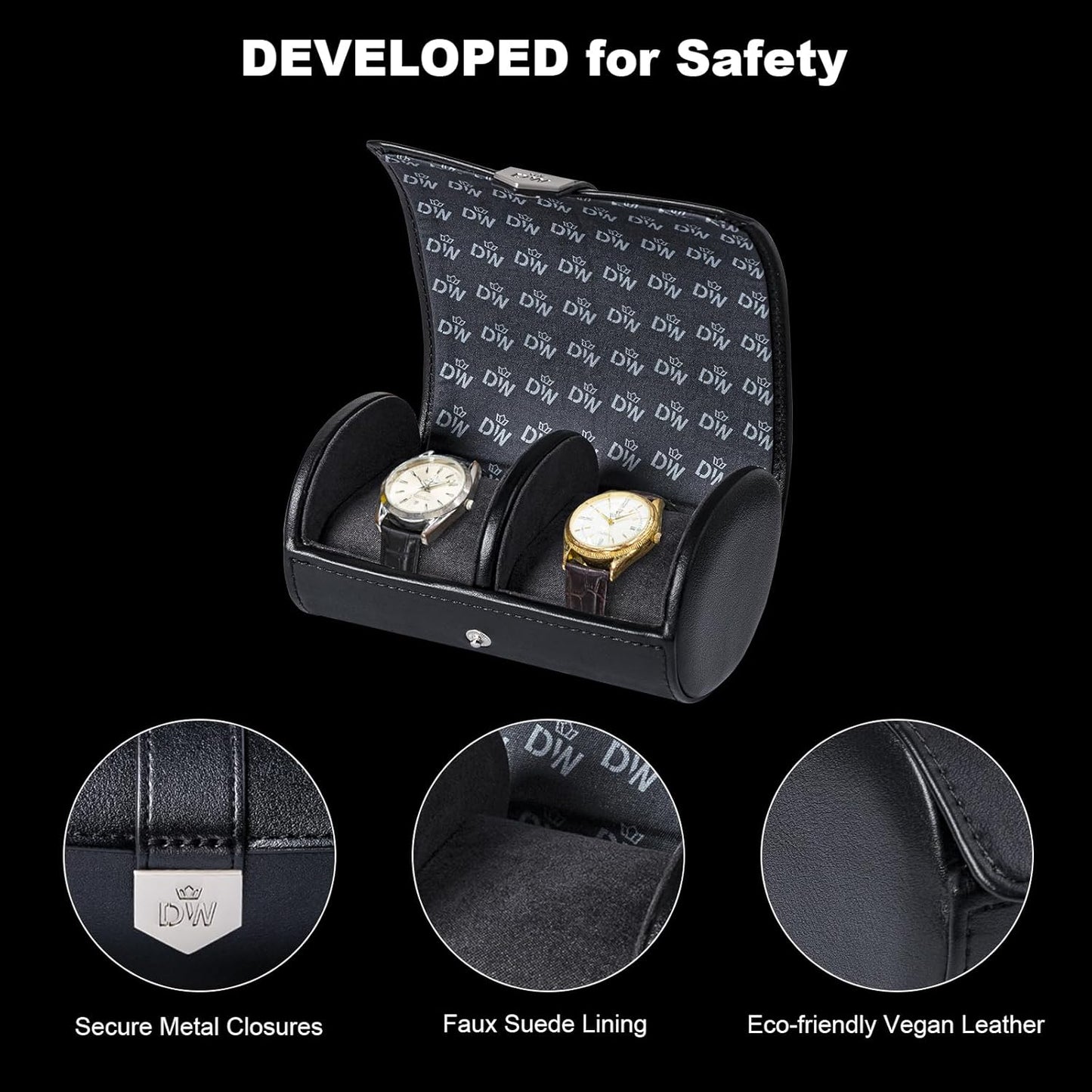 DUKWIN Watch Roll for 2 Watches,Vegan Leather Travel Watch Case Organizer with Removable Pillows for Men and Women,Display Case for Watches Collection and Gift for Anniversary Birthday(Black Storage)