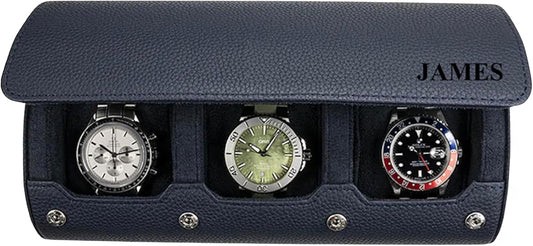 DailyWatch | Personalized Watch Roll Travel Case For 3 Watches - Handmade Genuine Leather Travel Case With Custom Engraving of Name or Initials - Navy Blue Litchi