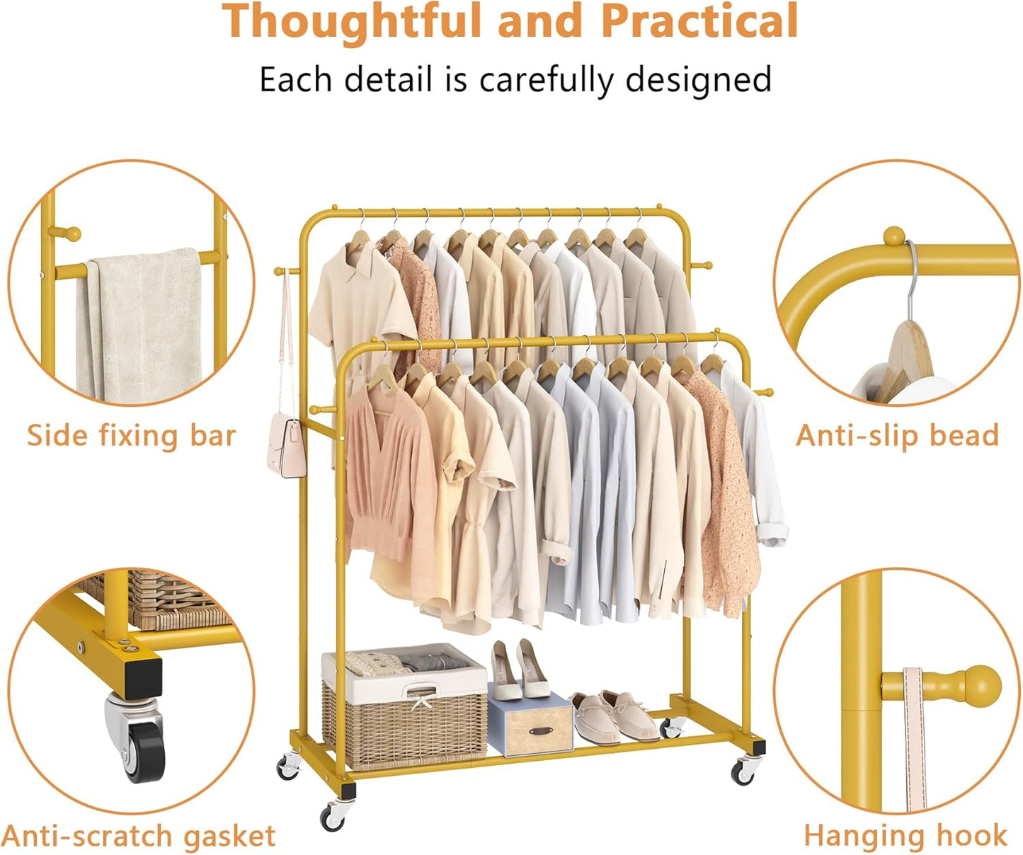 Laiensia Double Rods Garment Rack with Wheels, Clothing Rack for Hanging Clothes,4 Hooks, Multi-functional Bedroom Clothes Rack, Gold