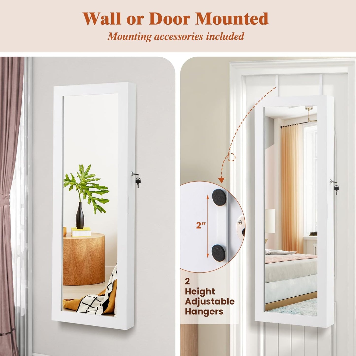 Giantex Jewelry Armoire Wall Door Mounted, Lockable Jewelry Cabinet with 42.5'' Full Length Mirror, 2 LEDs Jewelry Organizer Box with 2 Drawers, Mirror with Jewelry Storage (White)