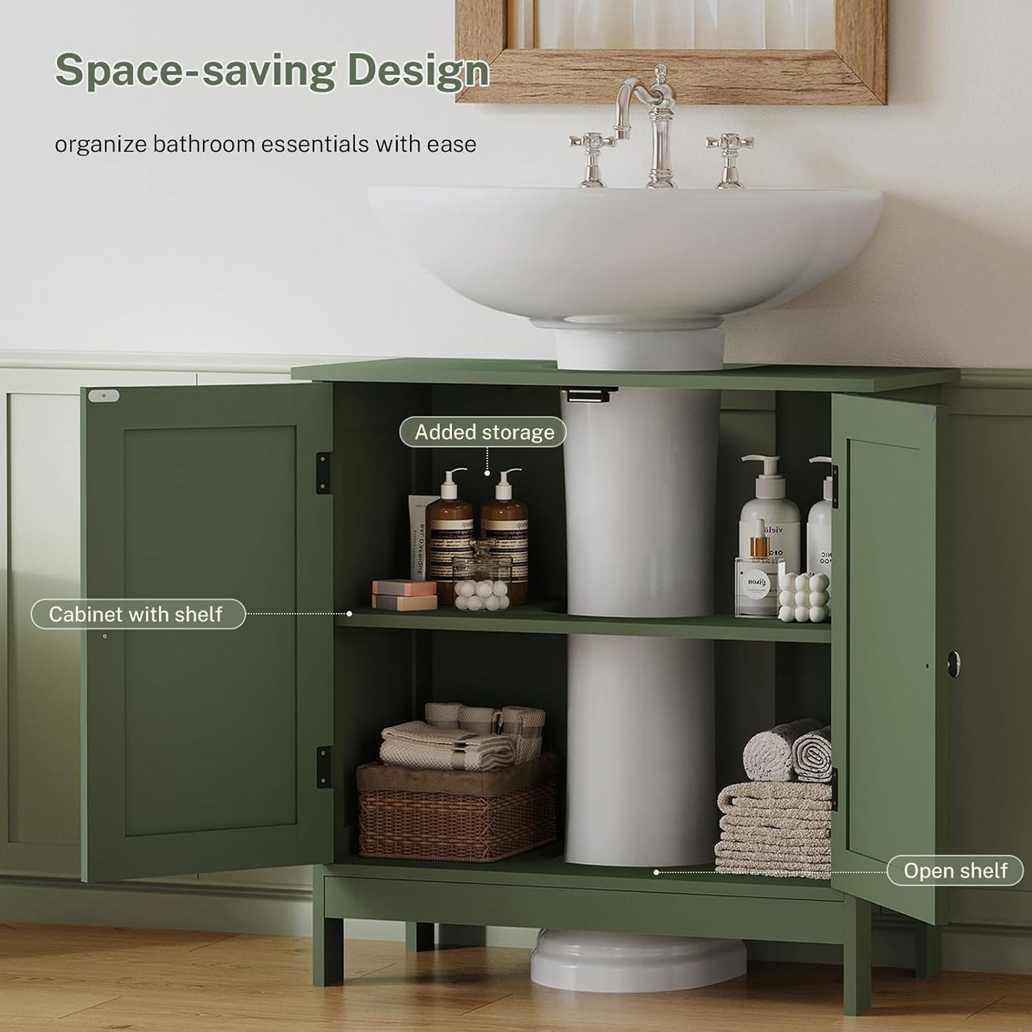 TEENFON Pedestal Sink Storage Cabinet, Under Sink Cabinet with 2 Doors & Shelf, Under Bathroom Sink Cabinet, Pedestal Sink Storage for Bathroom, Green