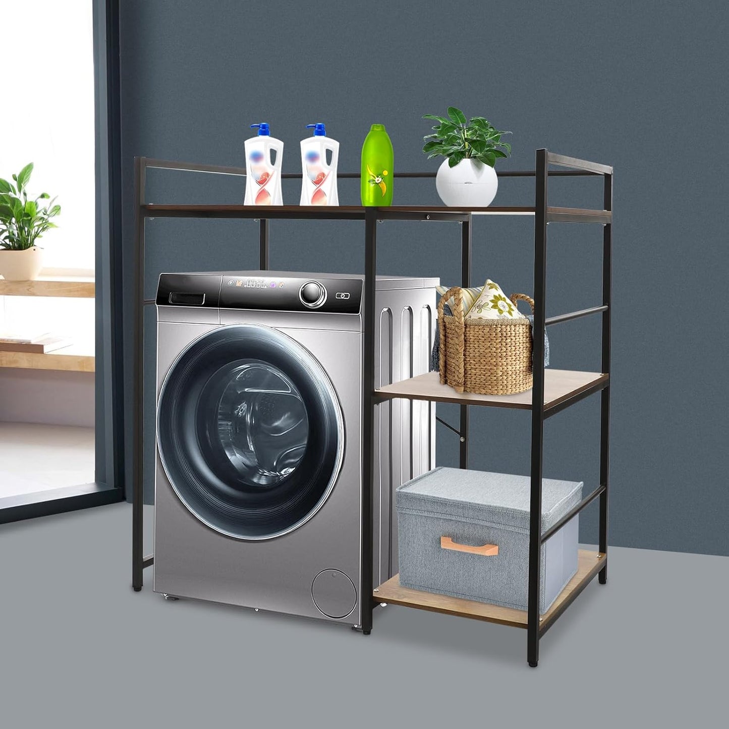 3 Tier Washing Machine Storage Utility Rack, Modern Bathroom Washer Dryer Storage Shelf with Side Organizer, Freestanding Laundry Room Organizer Shelf for Small Spaces