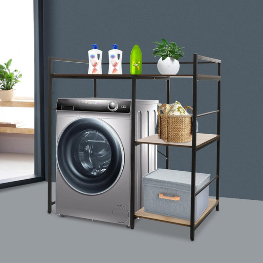 3 Tier Washing Machine Storage Utility Rack, Modern Bathroom Washer Dryer Storage Shelf with Side Organizer, Freestanding Laundry Room Organizer Shelf for Small Spaces