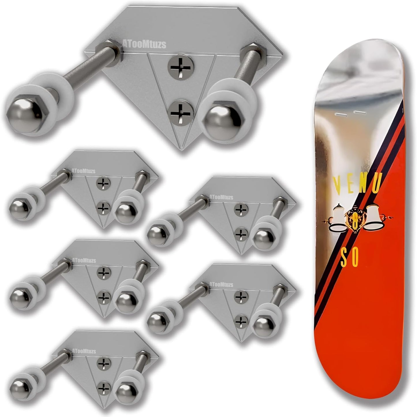 Skateboard Wall Mount Display(6 Packs)-Aluminum Diamond Shape Skateboard Deck Wall Mount with Two Screw Holes for Horizontal and Vertical Hanging Skateboard Display Decor-(Sliver)