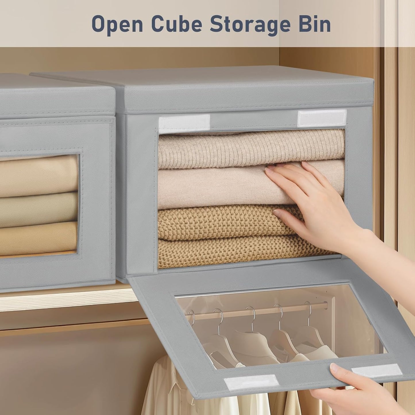 DIMJ Storage Bins with Lids - 3 Pack Large Fabric Closet Organizer with Window & Handles, Collapsible Decorative Storage Boxes for Shelves Under Bed, Books Clothes Blankets Sweaters Organization