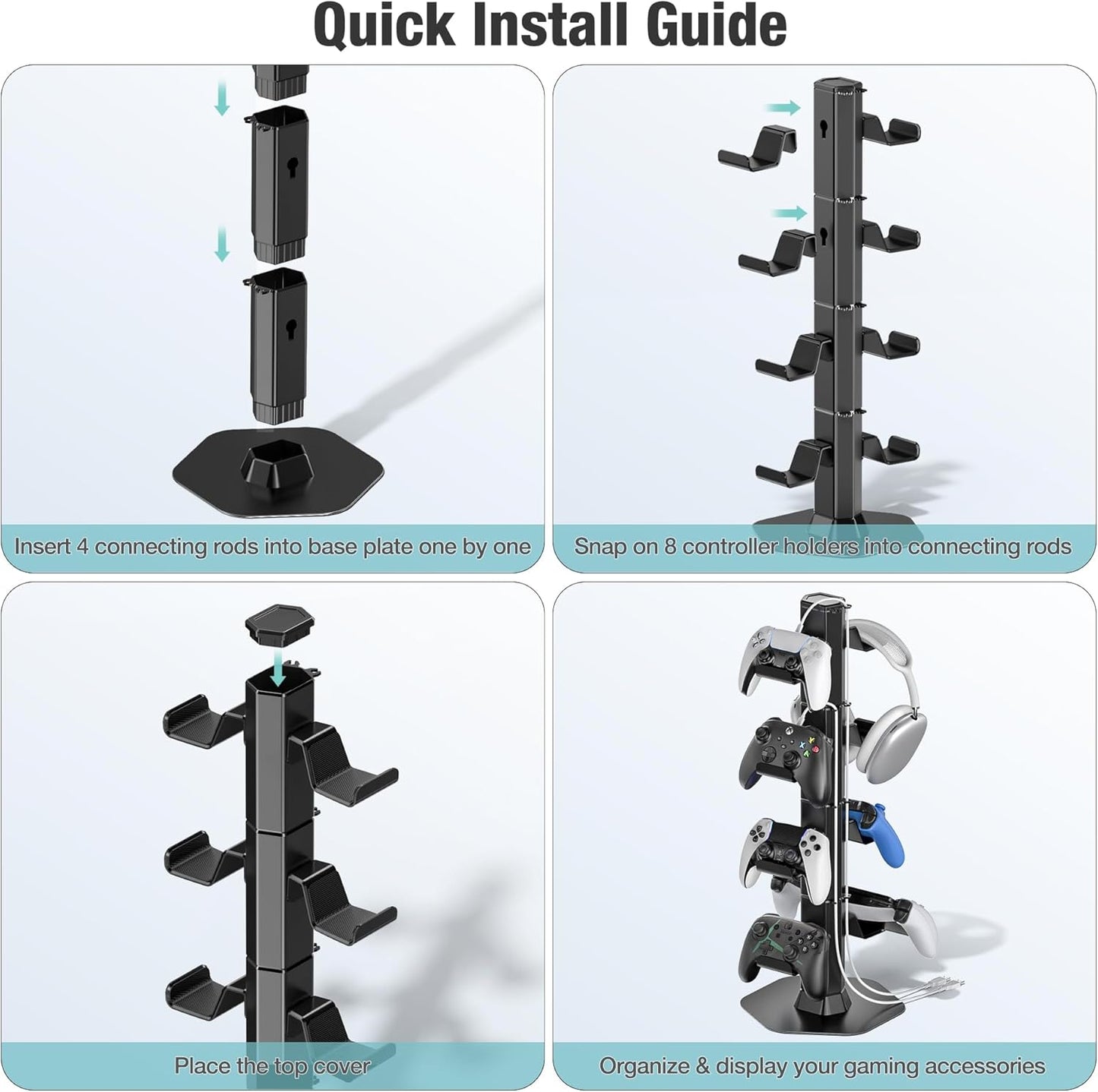 Controller & Headset Holder Stand for Desk, with Charger Cable Organizer Headphone Stand for PS5/ Xbox/ PS4/ Switch, Metal Base Controller Hanger Hook for Storage Earphones, Game Console, Mobile Phone
