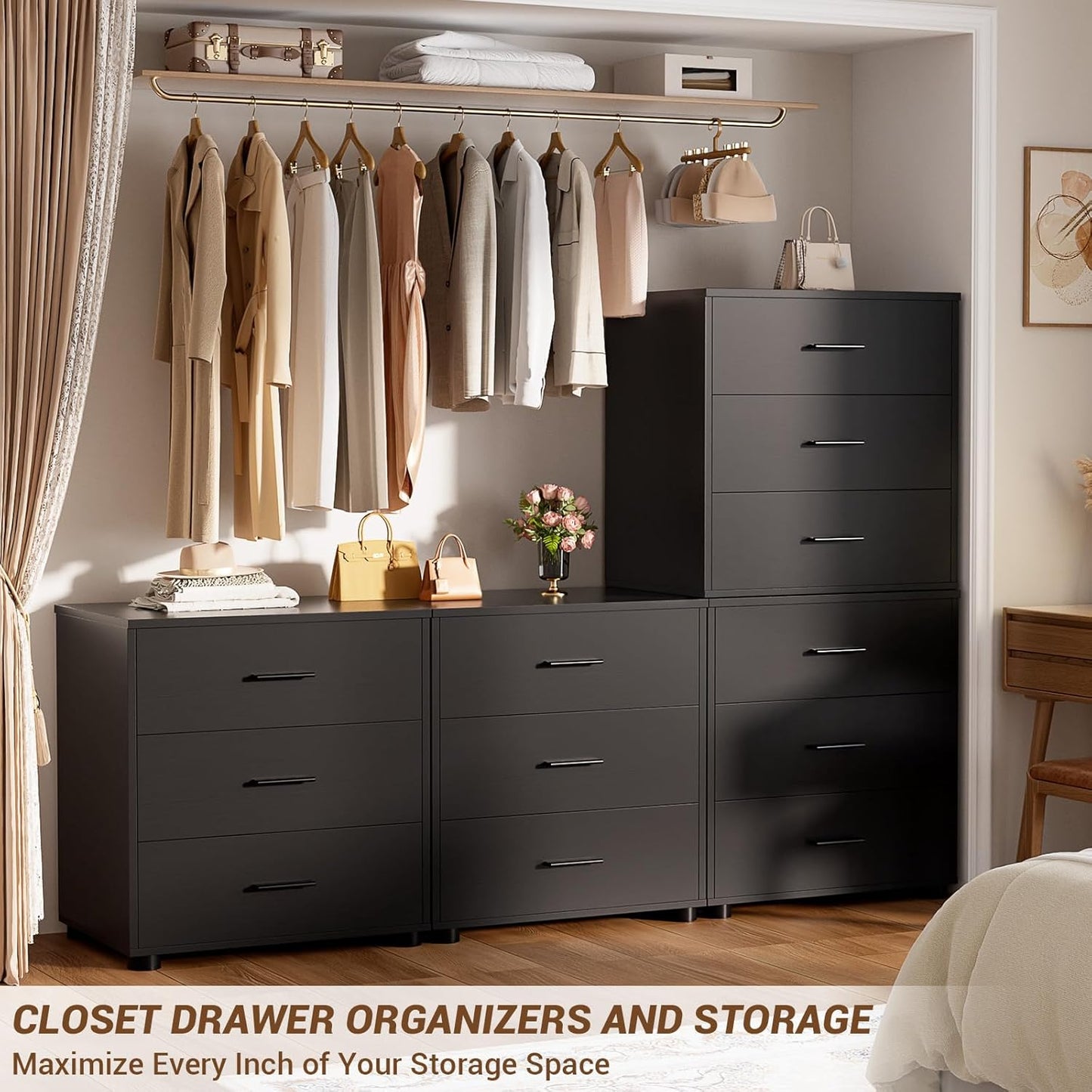 Aheaplus Closet Drawers Set of 2, Wood Closet Organizers and Storage with 3 Drawers, Closet Drawers Organizer System, Nightstands Bedside End Table with 3 Drawers Storage for Bedroom, Black