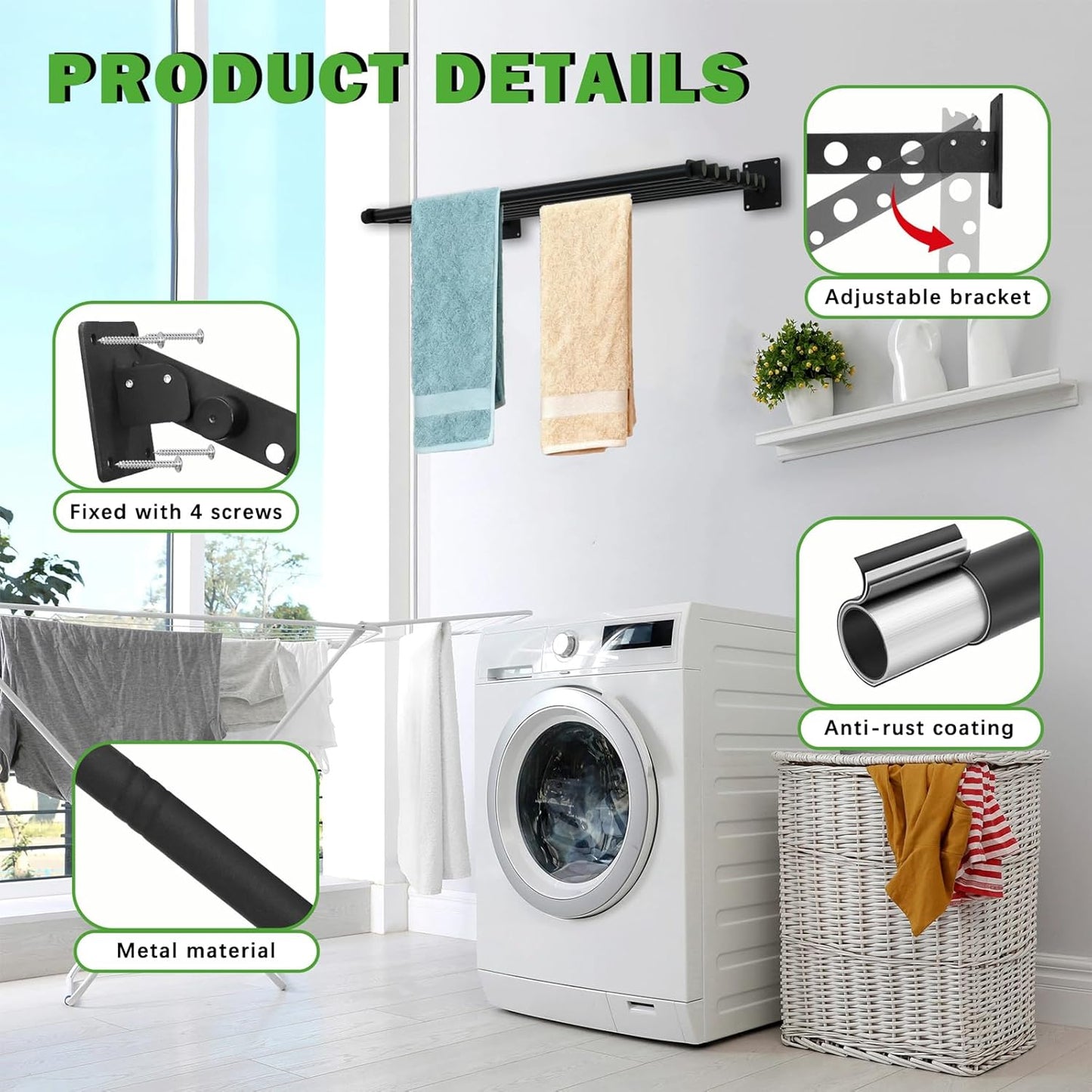 Wall Mounted Drying Rack, 28 Inches Wall Laundry Drying Rack Collapsible Indoor Clothes Drying Rack for Hanging Clothes