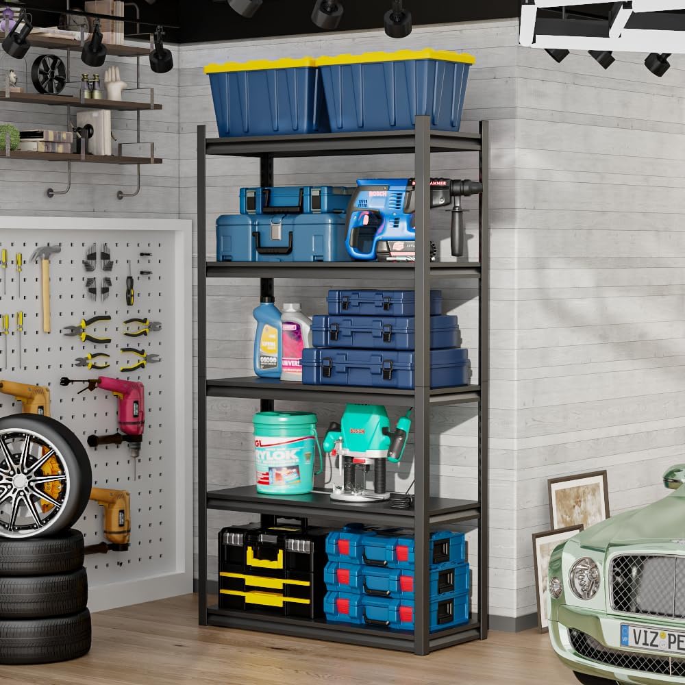 32" W Garage Shelving,5-Tier Heavy Duty Shelving Unit,3000LBS Adjustable Metal Storage Shelves,Storage Rack Units for Industrie,Shed,Warehouse,Basement,Black,32" W x 16" D x 63" H