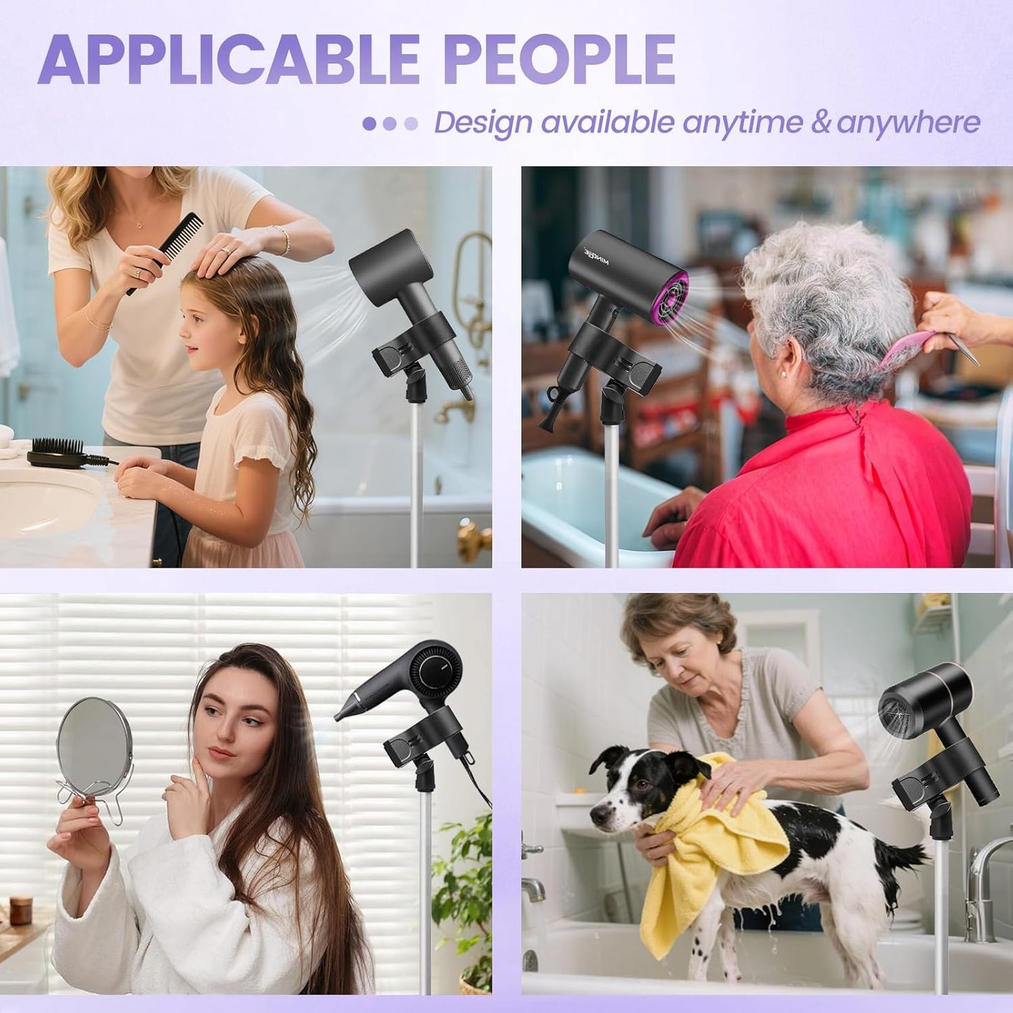 Adjustable Hair Dryer Stand, 29-59 Inch Hair Dryer Holder with Tripod and Universal Clip, 360-Degree Rotating Blow Dryer Stand for Bathroom, Vanity, Makeup Room