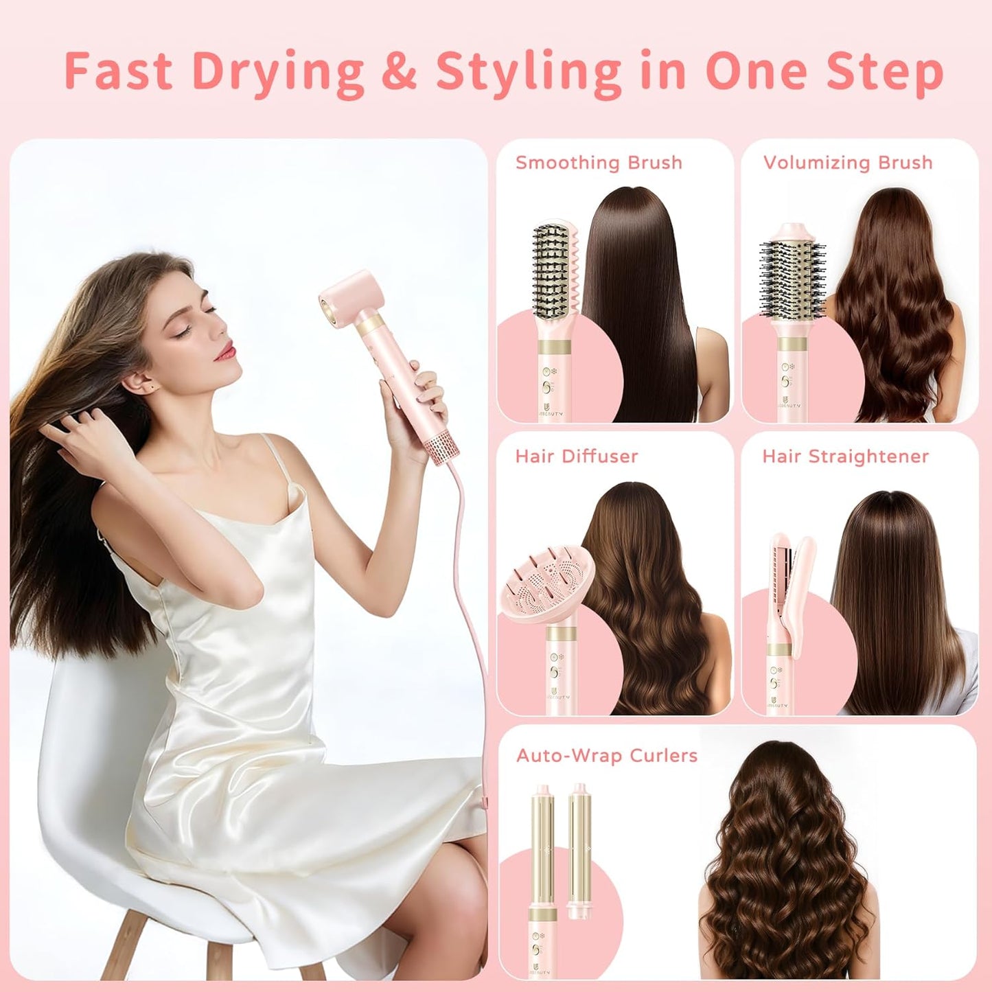 Hair Dryer Brush 8-in-1 Dual Voltage Hot Air Styler – Fast-Drying 110,000 RPM Ionic Blow Dryer with Straightener & Curler Attachments, Frizz-Free Volumizing Styler with Protective Hard Case-Pink