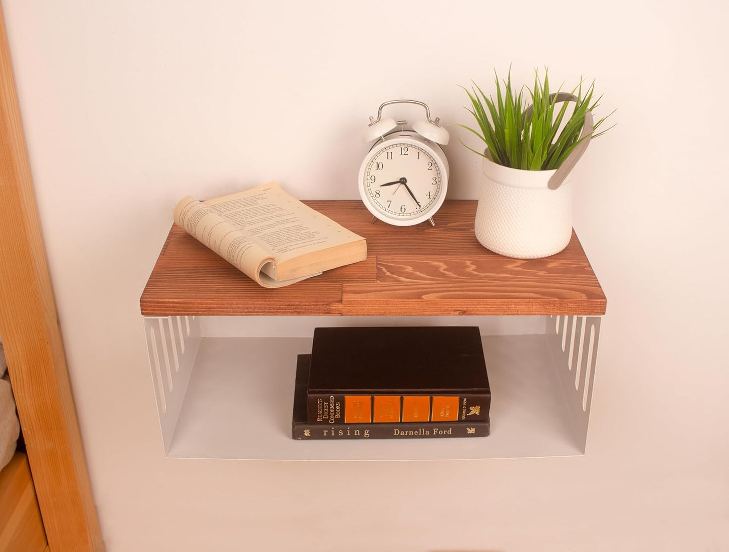 Floating Nightstand with White Metal Base, Wooden Top and Sturdy Metal Base, Minimalist Bedside Table, Wall Mounted Shelf, Bedside Shelf (Paris)
