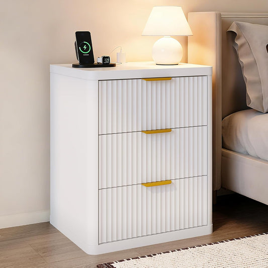 Fluted Nightstand with Charging Station, Bedside Table with 3 Drawers Storage Space, Metal Handles and Rounded Corners for Safety, Mid Century Modern End Table, Side Table for Bedroom, Living Room