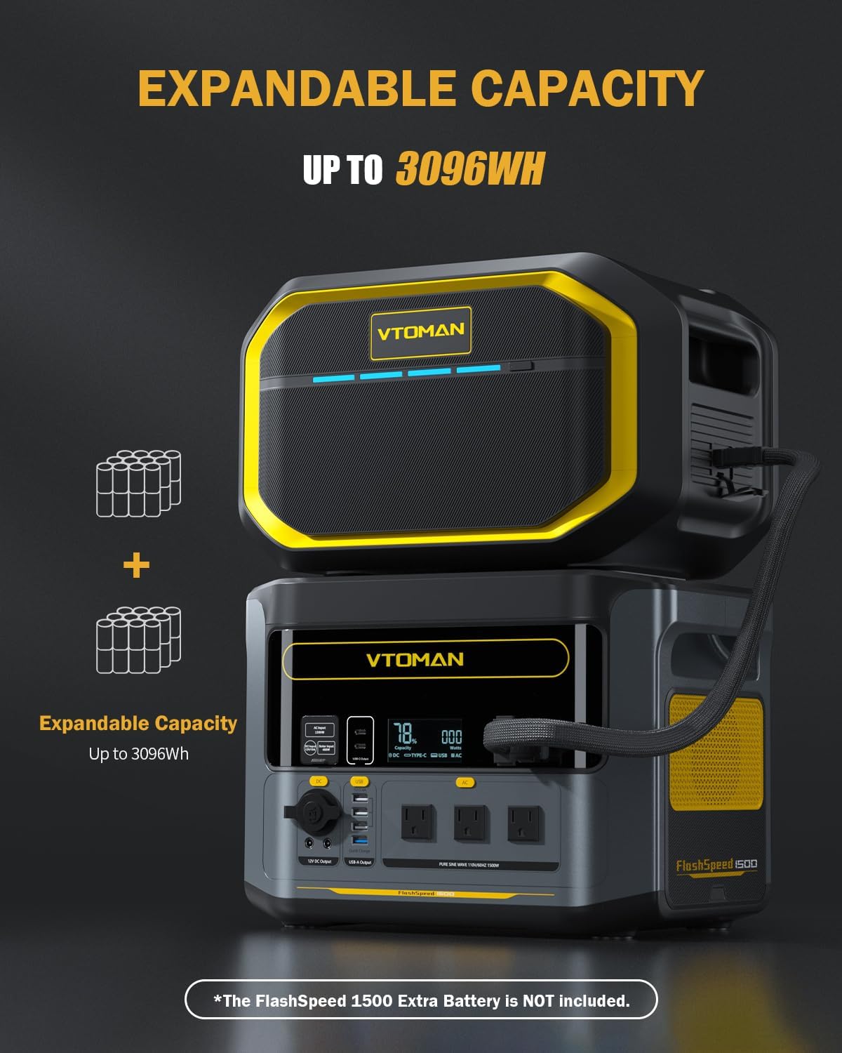 VTOMAN 3096Wh Portable Power Station Bundle with Extra Battery & 200W Pro Solar Panel Included - Up to 3000W Solar Power Generator for Home Backup, Off-grid, Road Trip, RV, Camping, Emergencies