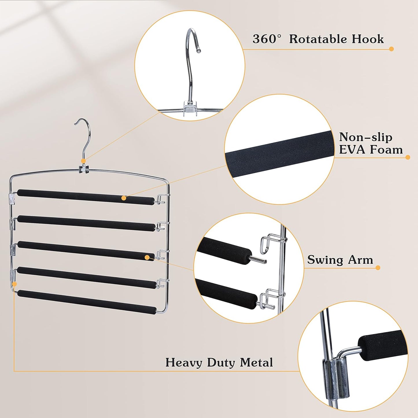 TOPIA HANGER Pants Hangers Space Saving, 3-Pack Swing Arm Pants Organizer for Closet, Non-Slip Foam Padded Organizer Hanger for Multi Slacks, Jeans, Trousers, Skirts, Scarfs (Black)-CT27B