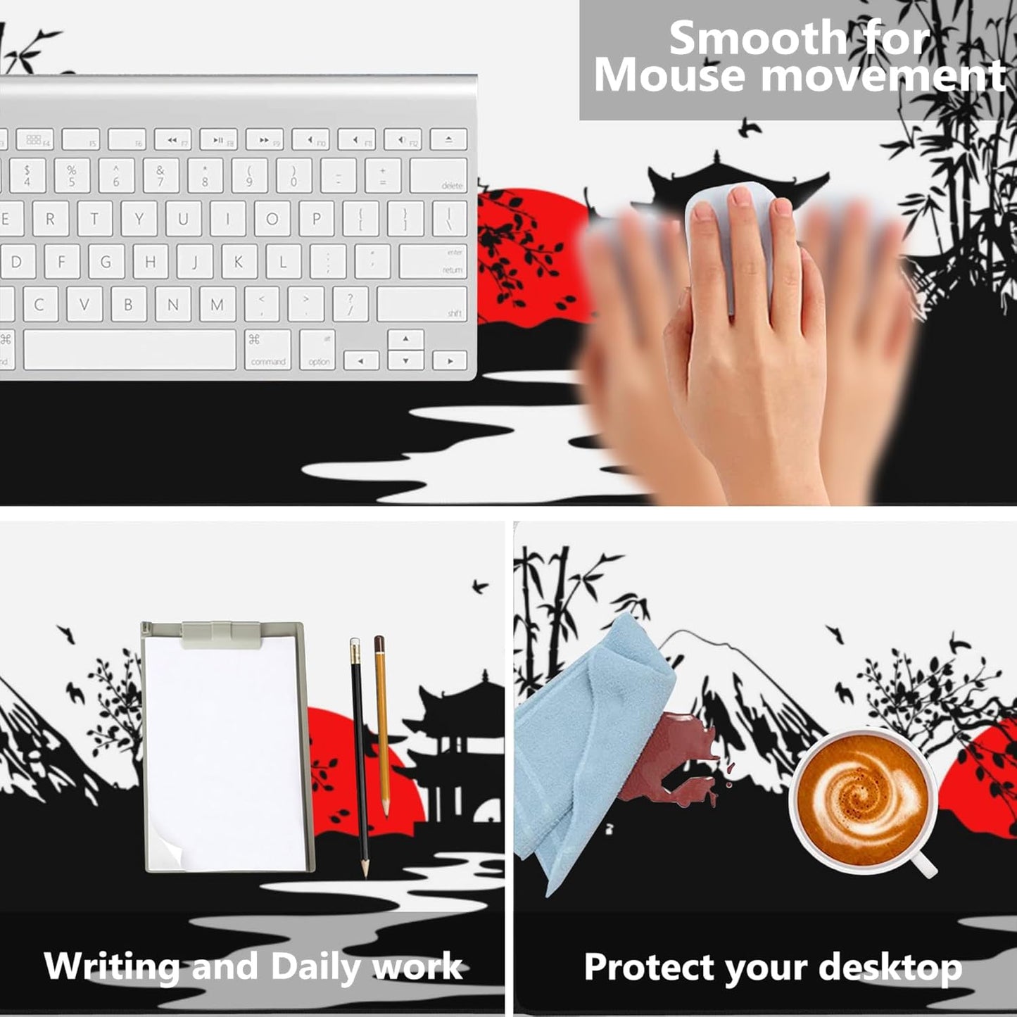 Desk Mat,Japanese Landscapes with Mountains Gaming Mouse Pad,XXL Extended Mouse Pad Mat for Office,Computer,Keyboard with Non-Slip Base Stitched Eges Mousepad 35.4x15.75 inch