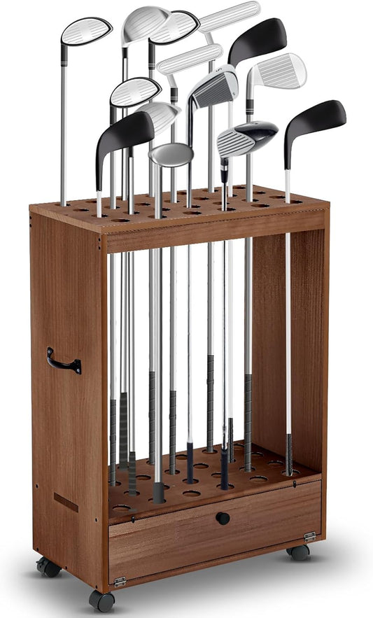 27 Hole Golf Club Stand Holder Wooden Golf Club Organizer Putter Display Rack with Storage Drawer and Wheel for Indoor Home Office Simulator Garage