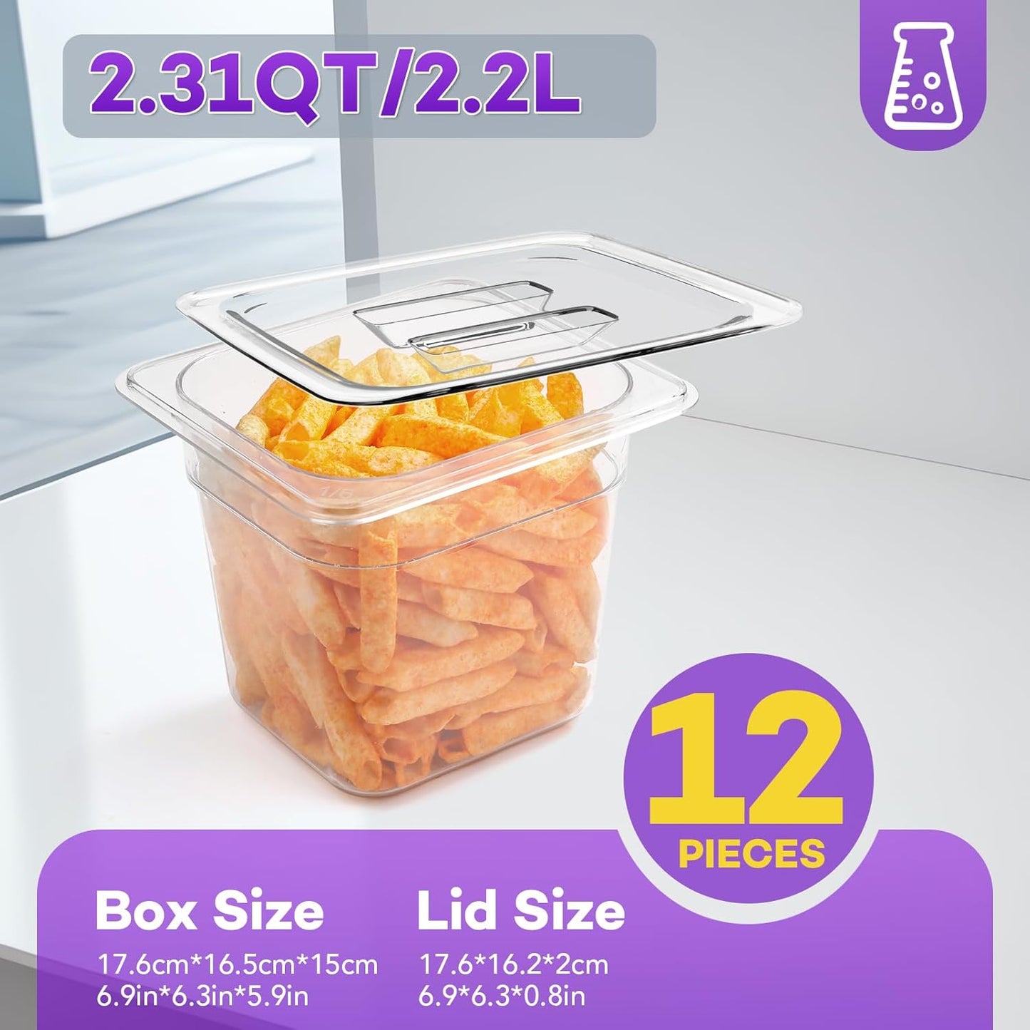 VOISEN 12 Pack Plastic Food Pan with Lids 1/6 Size 6 Inch Deep Commercial Food Storage Containers for Fridge Salad Fruits Vegetables Clear Restaurant Polycarbonate
