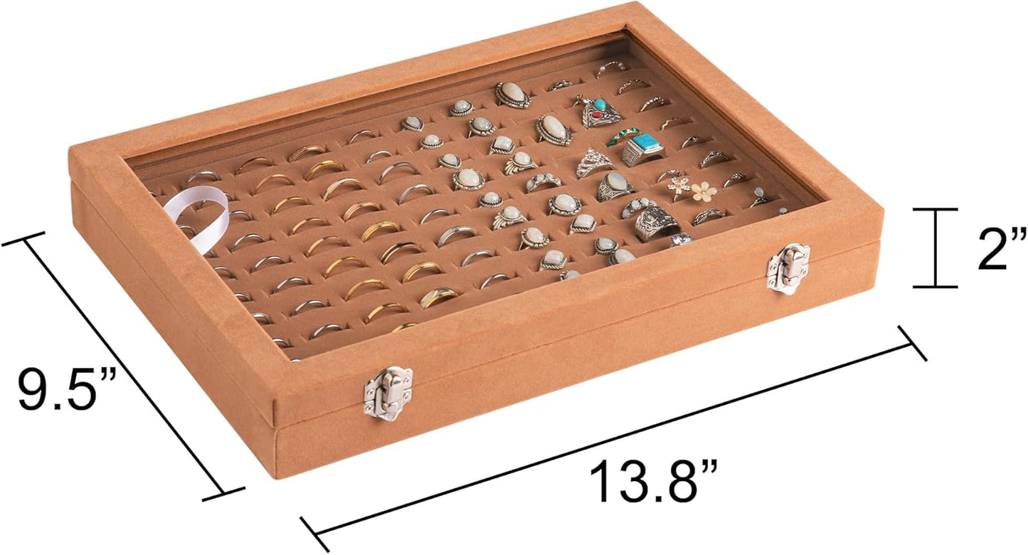 Frebeauty Ring Organizer Tray 100 Slots Ring Holder with Clear Lid Velvet Storage Box Jewelry Tray for Jewelry Store Earring Display Case for Jewelry Show Studs Box for WomenCamel