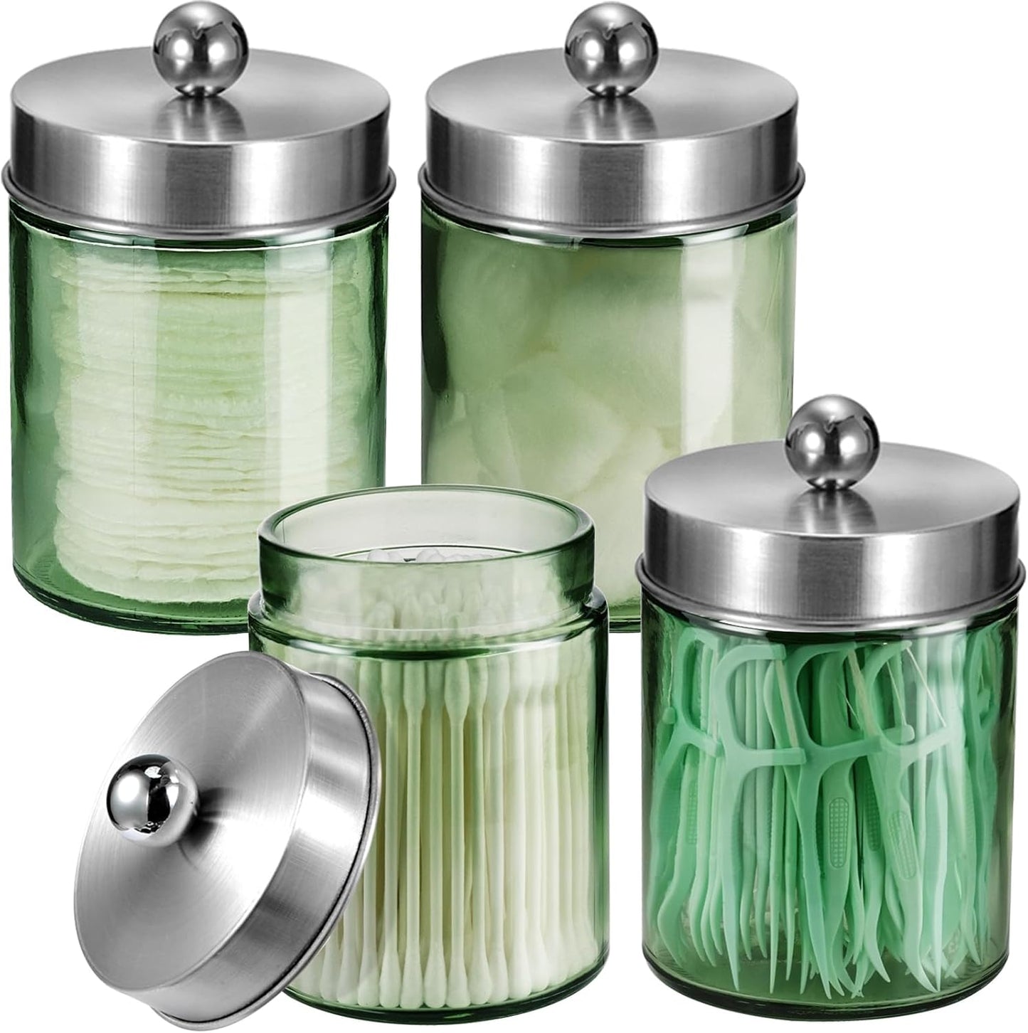 Amolliar Sage Green Qtip Holder, Glass Apothecary Jar Metal Lid & Sticker, Bathroom Qtip Dispenser Storage Canister, Perfect for Cotton Balls Swabs, Round Pads, Bath Salt, Floss, Brushed Nickel 4 Pack