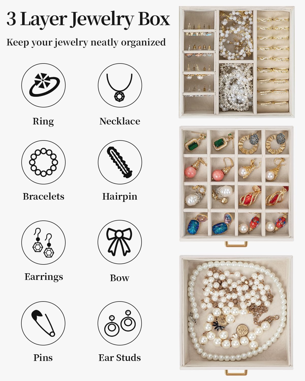 TORIBIO Jewelry Box for Women, Leather Jewelry Organizer with Mirror & Lock, 3-Tier Jewelry Storage Organizer with 2 Drawers for Girls/Women/Mothers, Necklace Earring Bracelets Holder Organizer