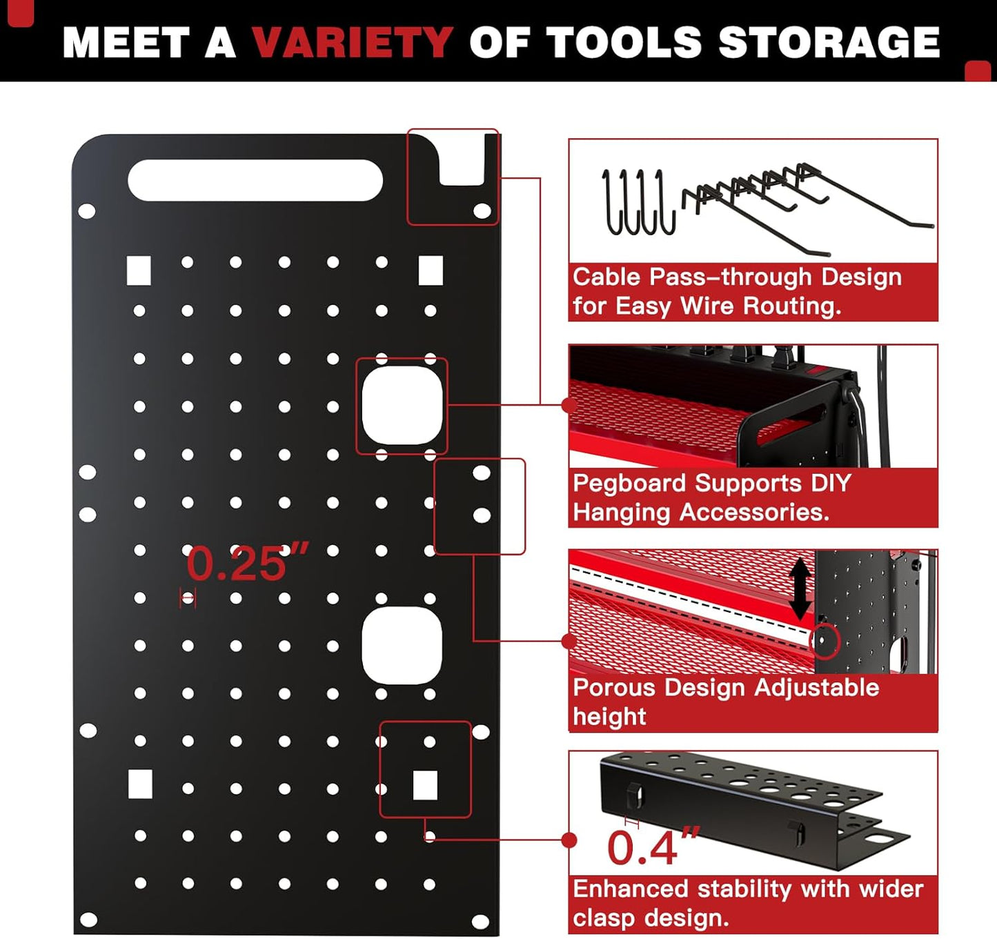 Power Tool Organizer Wall Mount with Charging Station,Cordless Tool Organizer 8 Drill Holder, 4 Layer Storage Rack for Garage Organization,Tool Holder with 8 Outlet Power Strip (Red)