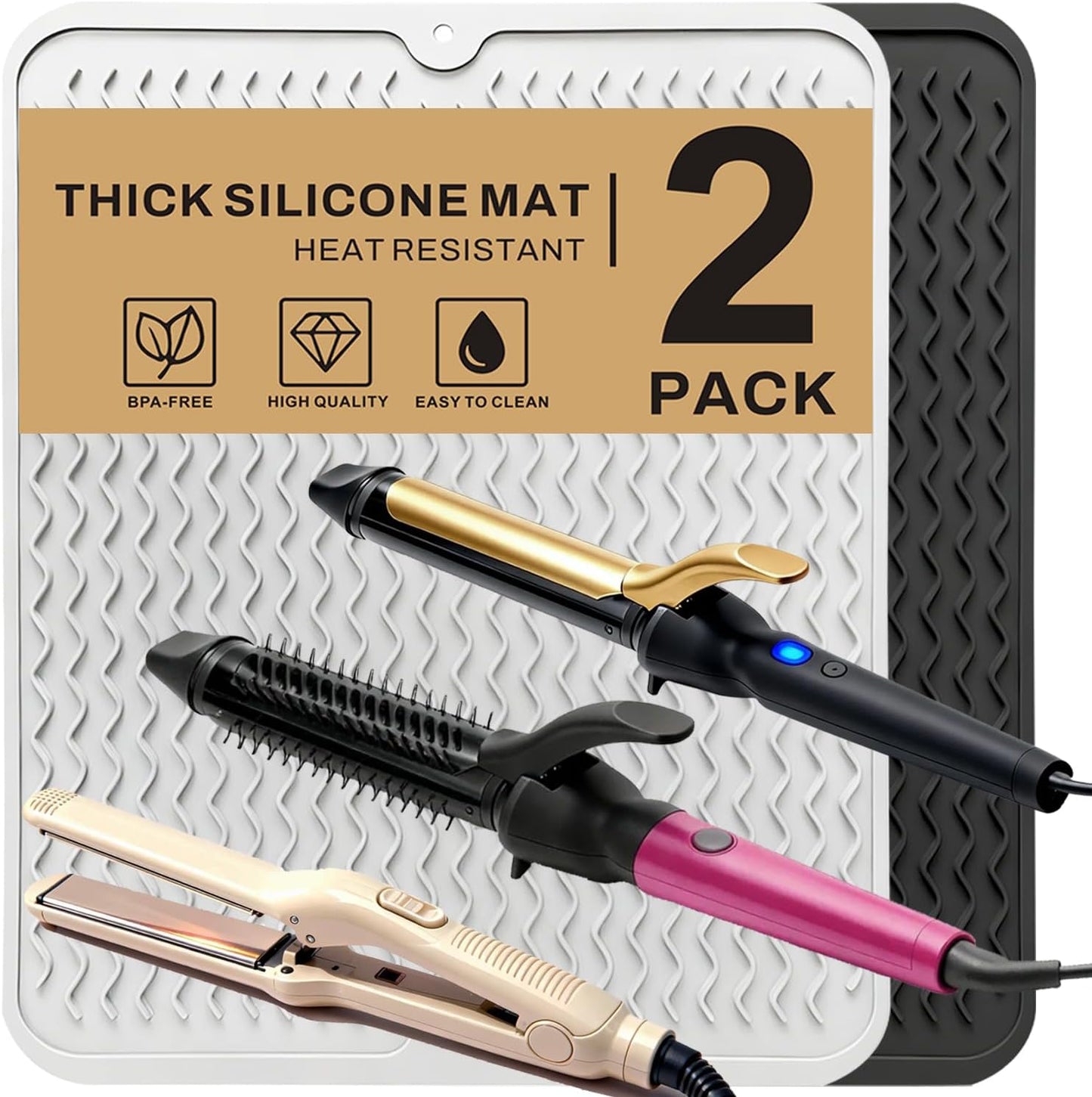 2 Pack Large Curling Irons Mat, Silicone Heat Resistant Portable Travel Mat Cover for Flat Iron, Hair Straightener, Hot Hair Styling Pad Tools-(Black & White)