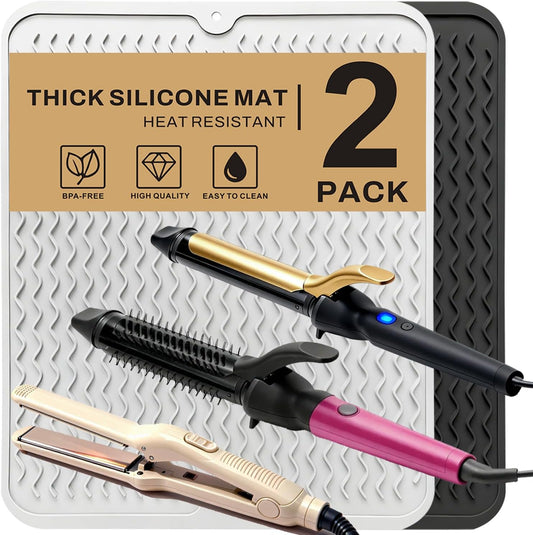 2 Pack Large Curling Irons Mat, Silicone Heat Resistant Portable Travel Mat Cover for Flat Iron, Hair Straightener, Hot Hair Styling Pad Tools-(Black & White)