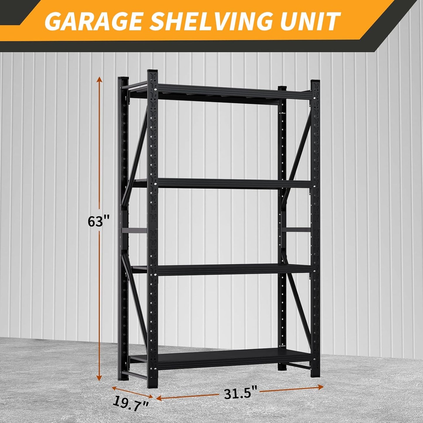 63" H Storage Garage Shelving Unit, 2500LBS Heavy Duty Metal Shelves Organization, Adjustable 4 Tier Utility Storage Shelf Rack for Industrial, Basement, Warehouse (Black, 19.7" D×31.5" W×63" H)