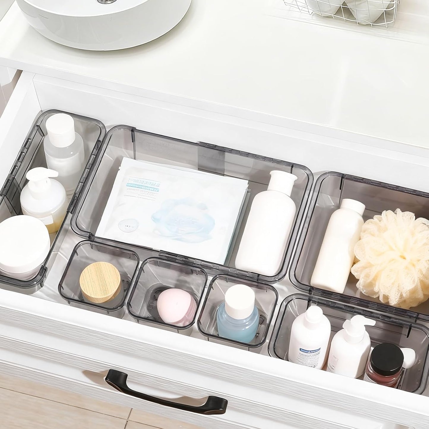 14 Pcs Adjustable Clear Drawer Organizer, Extendable Vanity Storage Bins, Desk Drawer Organizer Set for Makeup, Cosmetics, Bedroom, and Gadgets, Black