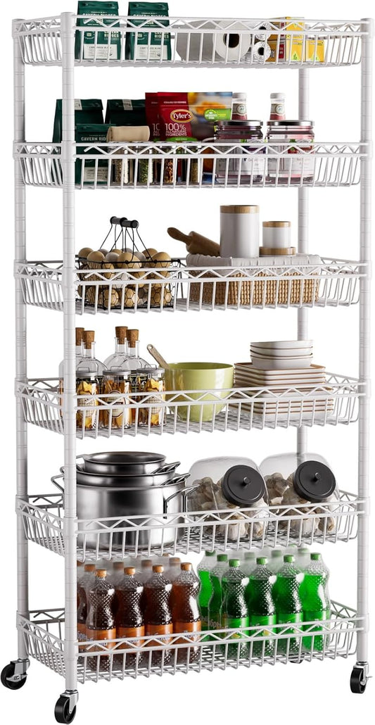 6 Shelves Storage Shelf Wire Closet Bathroom Organizers Metal Pantry Kitchen Garage Shelving Unit Laundry Room Organization Home Rack Net Basket White with Wheels 30" Dx14 Wx65 H