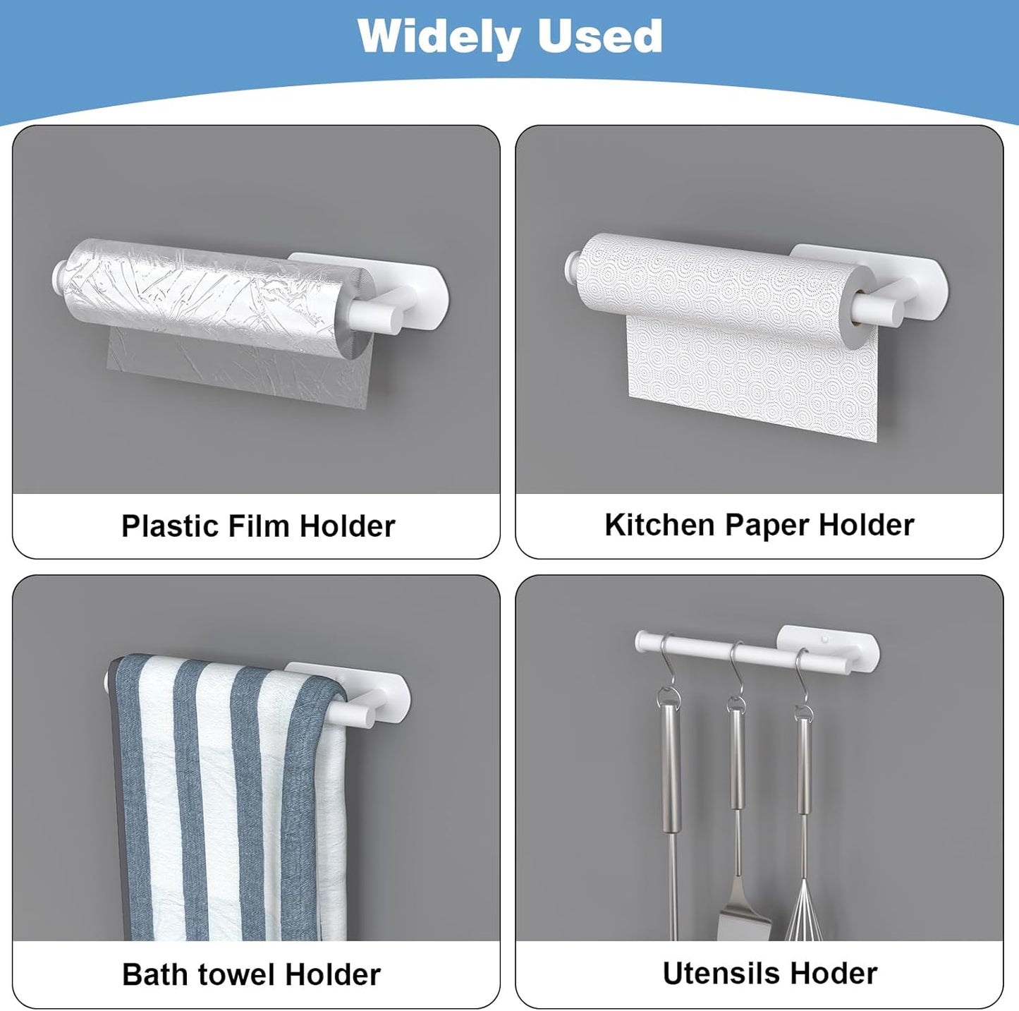 HUFEEOH Adhesive Paper Towel Holder Under Cabinet Wall Mount for Kitchen Paper Towel, Stainless Steel Paper Towel Roll Rack for Bathroom Towel (Thick, White)