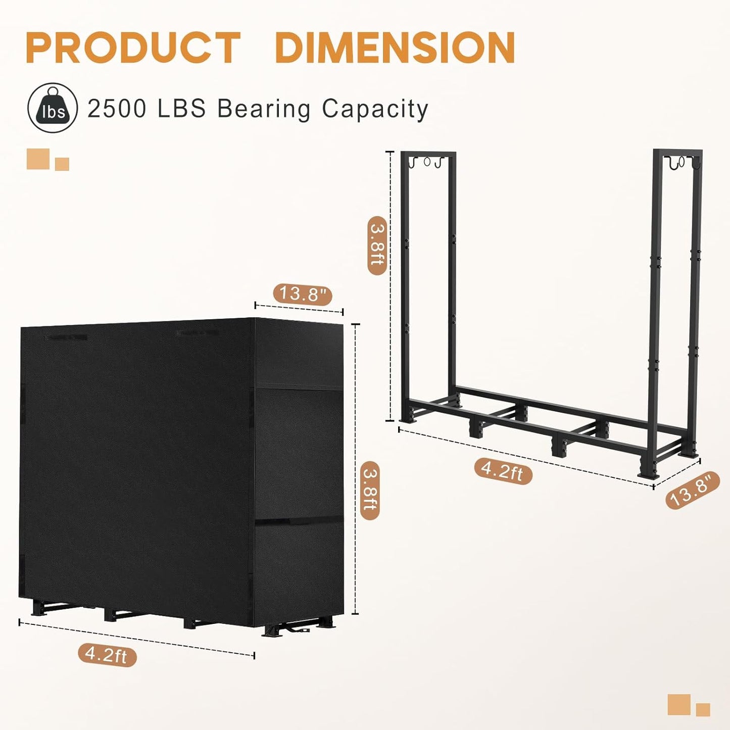 4ft Firewood Rack Outdoor with Waterproof Widened Cover, Heavy Duty Firewood Holder includes Carrier Bag, Powder-coated Wood Rack with Hooks, Firewood Storage Rack for Fireplace Deck Patio