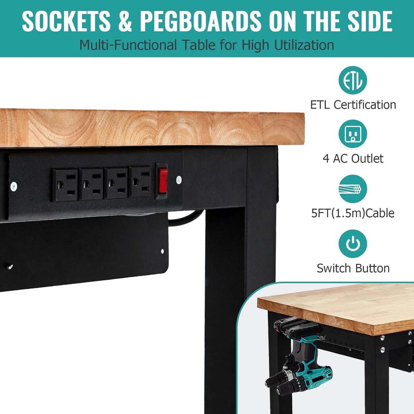 60 Inch Adjustable Height Rubber Wood Workbench, Heavy Duty 3000LBS Work Table with Drawers & Pegboard, Power Outlets for Garage, Workshop, Home Office