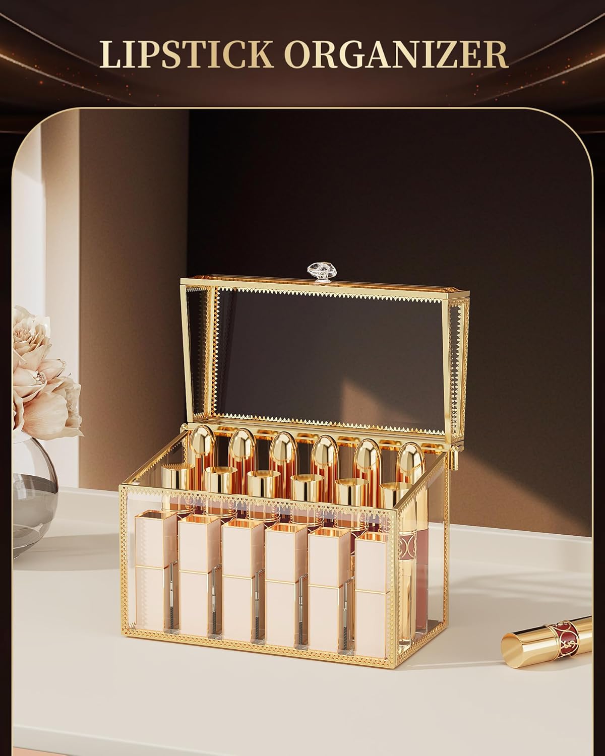 Lipstick Organizer,Luxury Tempered Glass Lipstick Holder & Nail Polish Organizer, 18-Slot Vanity Cosmetic Organizer with Removable Dividers, Gold