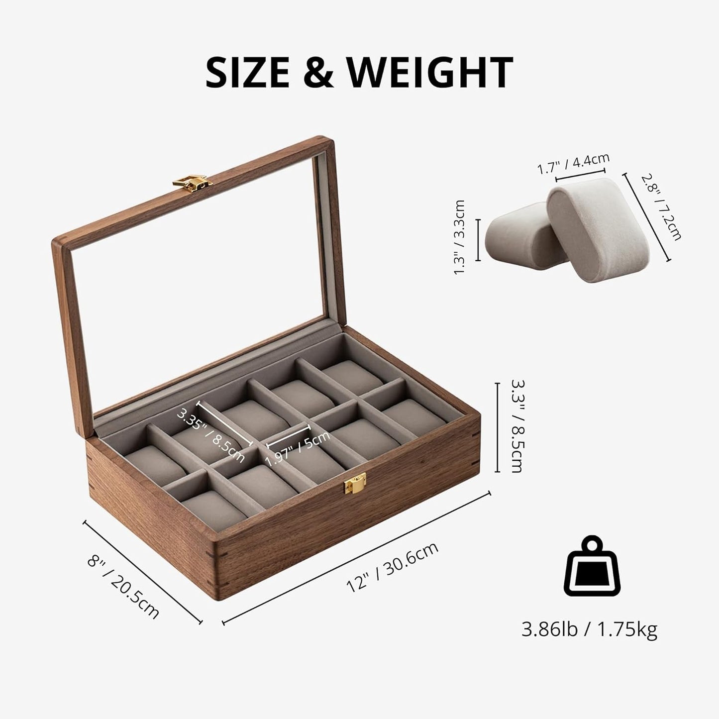muso wood Watch Display Box, 10 Slot Watch Case for Men, Watch Organizer Box with Glass Lid, Watch Case with Removable Velvet Pillow, Father's Day Gift - 10 Slot, Walnut