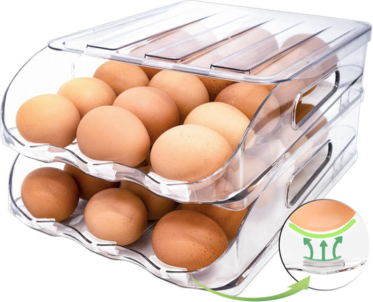 Egg Holder for Fridge, Automatic Steady Rolling Egg Container with Soft Bumpers & Handle for Refrigerator, Stackable Fridge Organizers and Storage with Lid