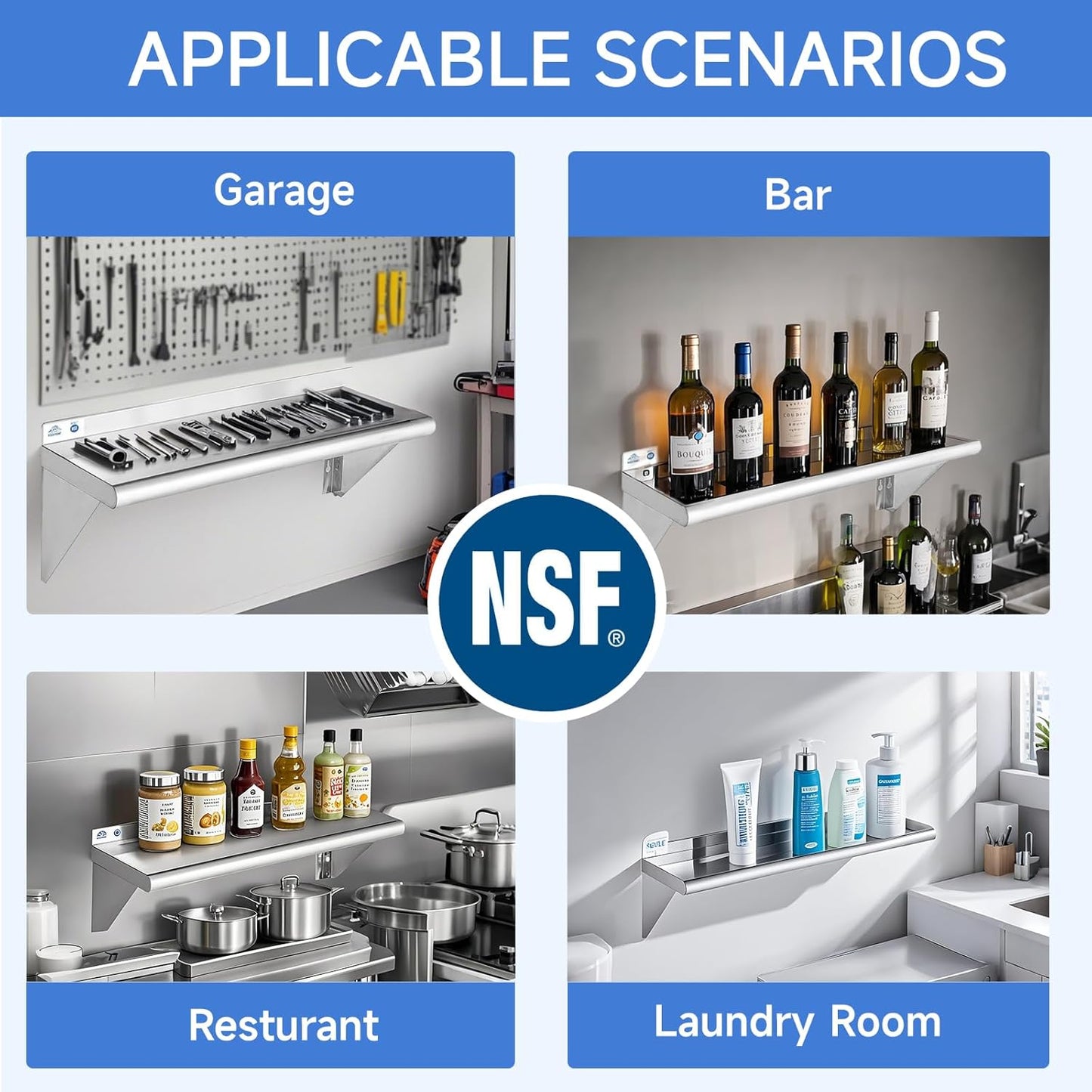 ROCKPOINT Stainless Steel Shelf 10 x 48 Inches 280lb, NSF Metal Commercial Shelves Wall Mount Floating Shelving with Backsplash for Restaurant, Kitchen, Home and Hotel, Silver